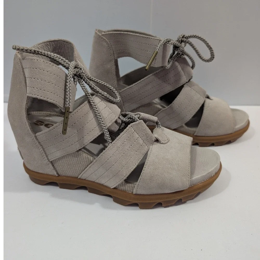 Sorel Joanie II Lace Wedge Sandals Quarry Grey Suede Womens 9 Strappy Cutout Tie